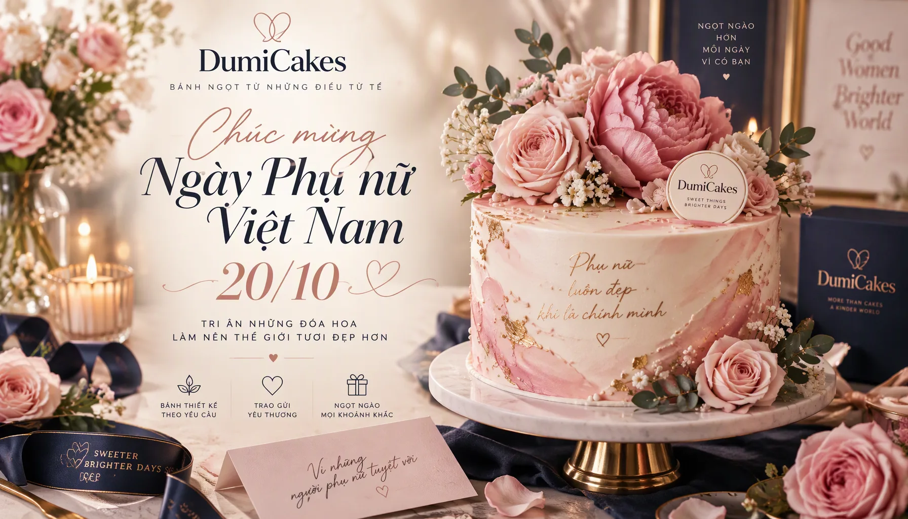 Vietnamese Women's Day 20/10 poster – cake topped with pastel roses and peonies