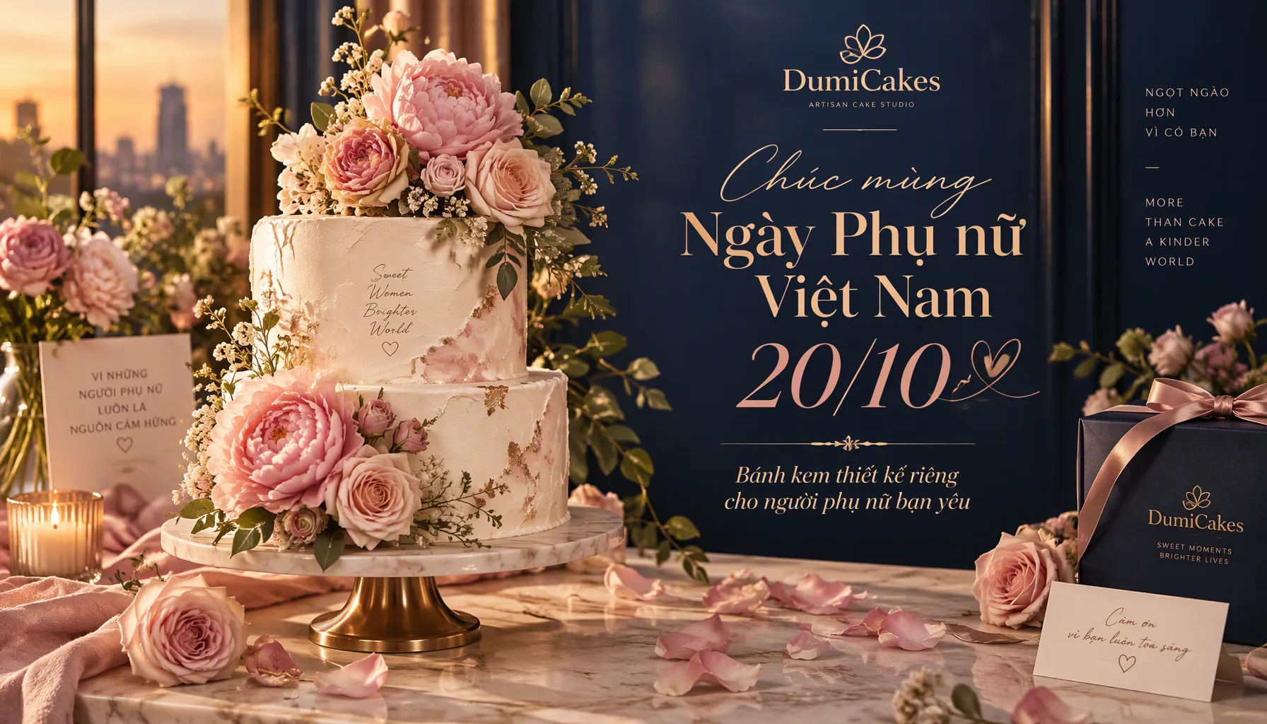 Vietnamese Women's Day 20/10 poster – two-tier floral cake on a navy backdrop